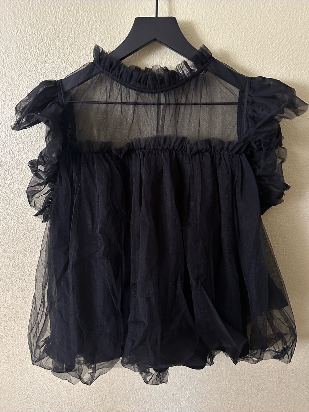 Bibi Black Sheer Tulle Ruffle Blouse Top